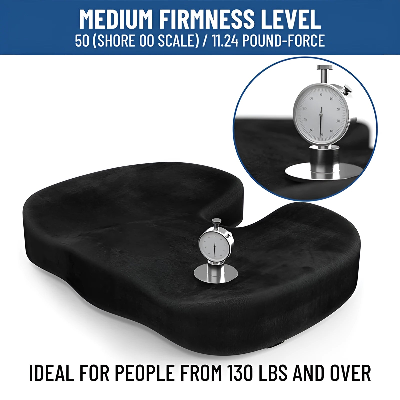 Black flannel memory foam office seat cushion with U-shaped design measuring 46x36x7cm