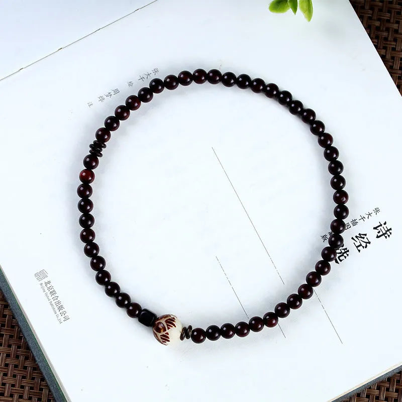 Rosewood double-ring bracelet with 10mm beads and retro floral pattern