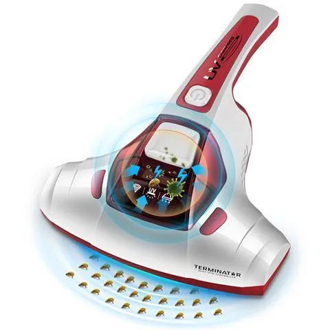 Pink vacuum mite-killing artifact with UV light for mattress cleaning showing 0.3L transparent dust container