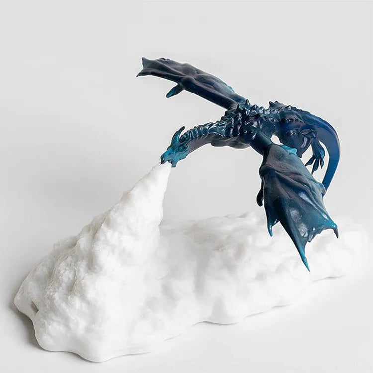 3D printed dragon lamp glowing with warm red light, showing detailed fire dragon design on a table.