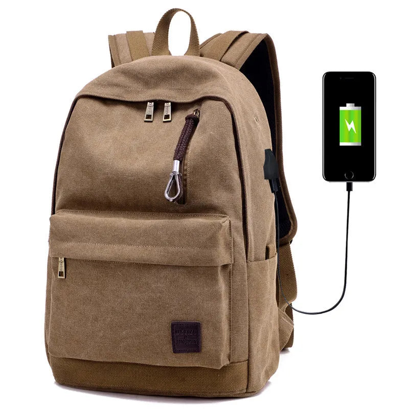 Canvas backpack with USB charging port shown in coffee colour, featuring a laptop compartment and multiple pockets.
