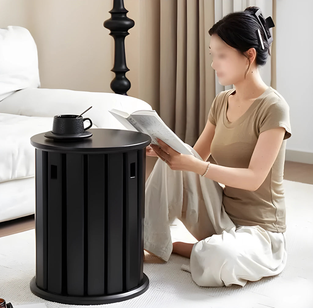Four stackable round iron dining stools in modern design with graphic customisation options