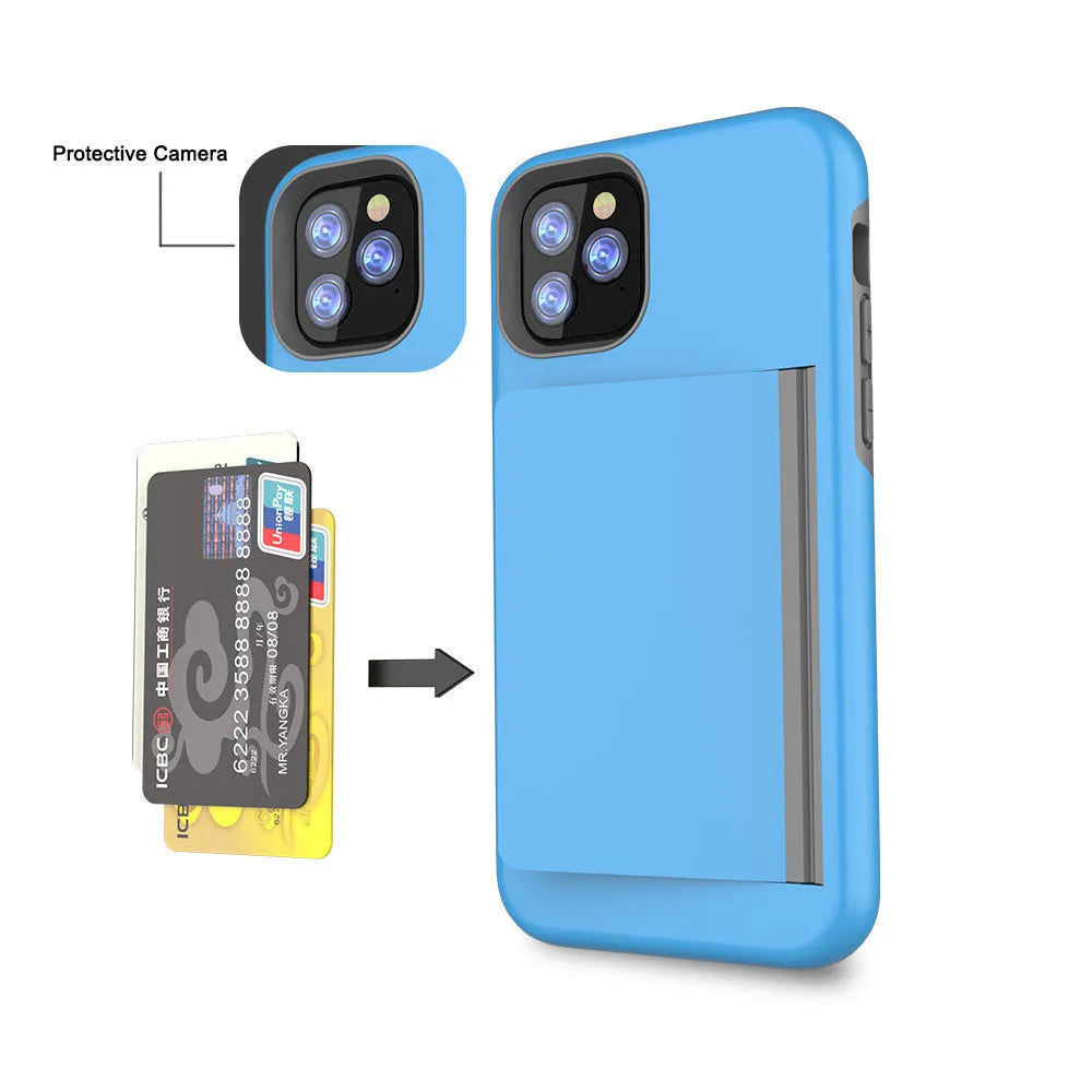 A solid-colour hard back cover case for the iPhone 11, shown in a choice of black, red, pink, blue, dark blue, and purple.