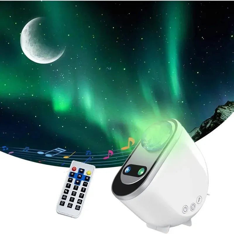 White ABS star projector lamp showing aurora borealis and star projection on a dark ceiling with remote control