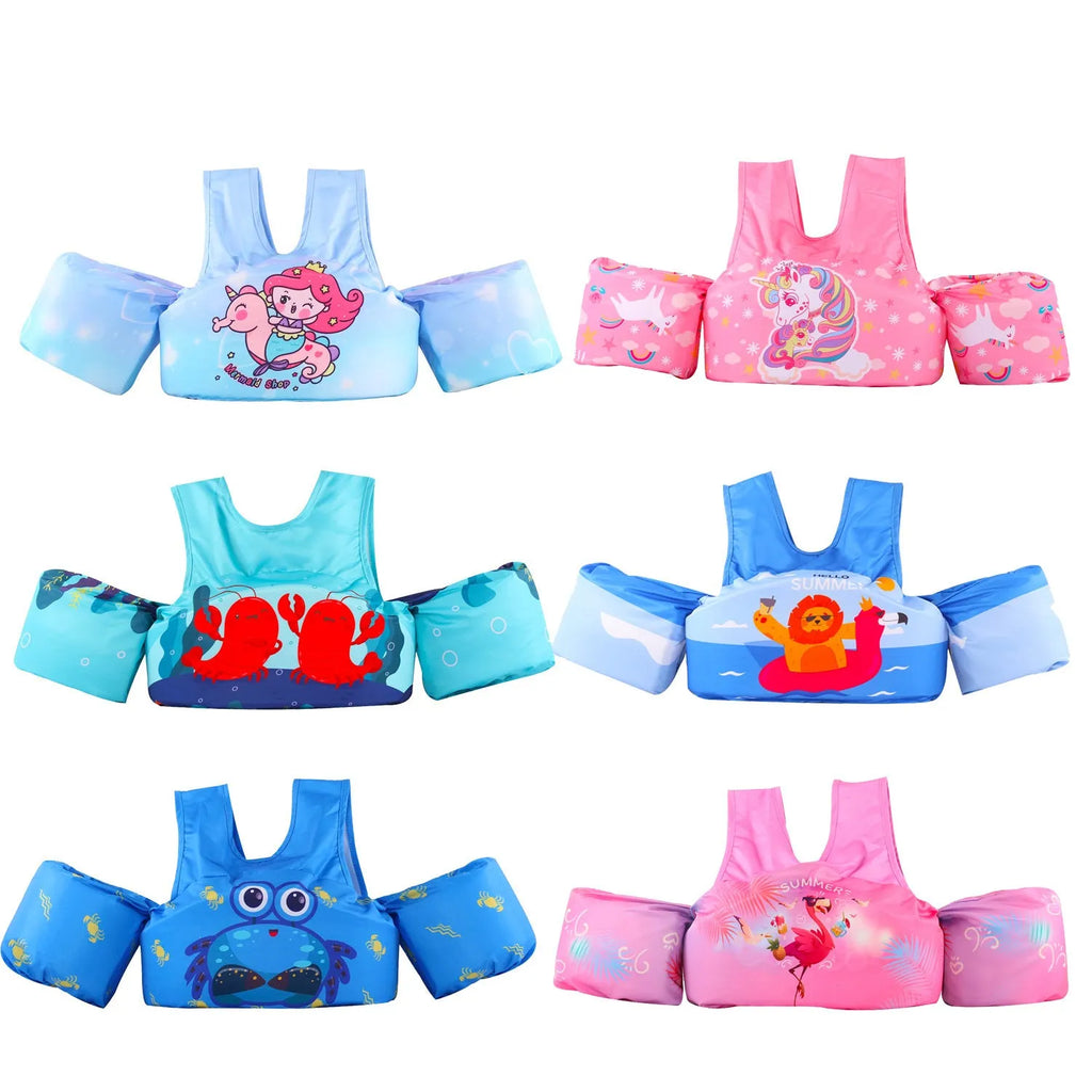 Cartoon children's swimsuit with integrated arm swimming rings in colourful watermelon pineapple design