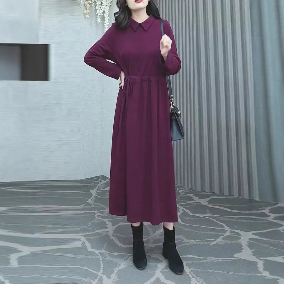 Purplish red women's long sleeve dress with extra long sleeves and long skirt, plus size options
