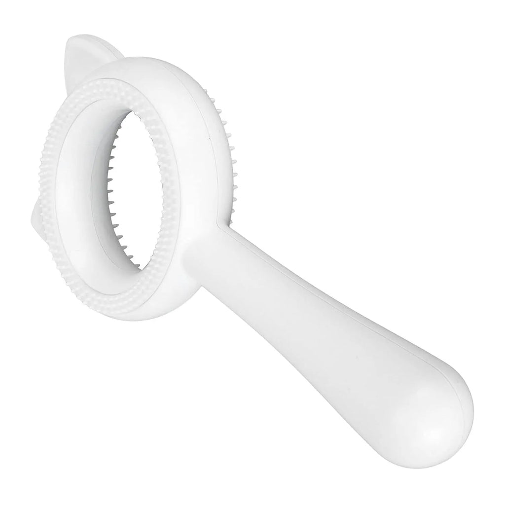 Blue and white double-sided pet grooming brush with an ergonomic handle for cats and dogs.