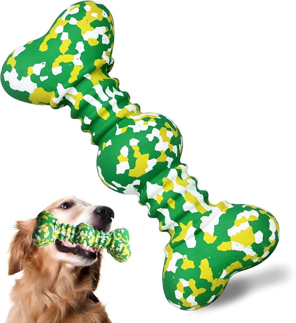 Large camouflage patterned natural rubber bone chew toy for dogs on a plain background.