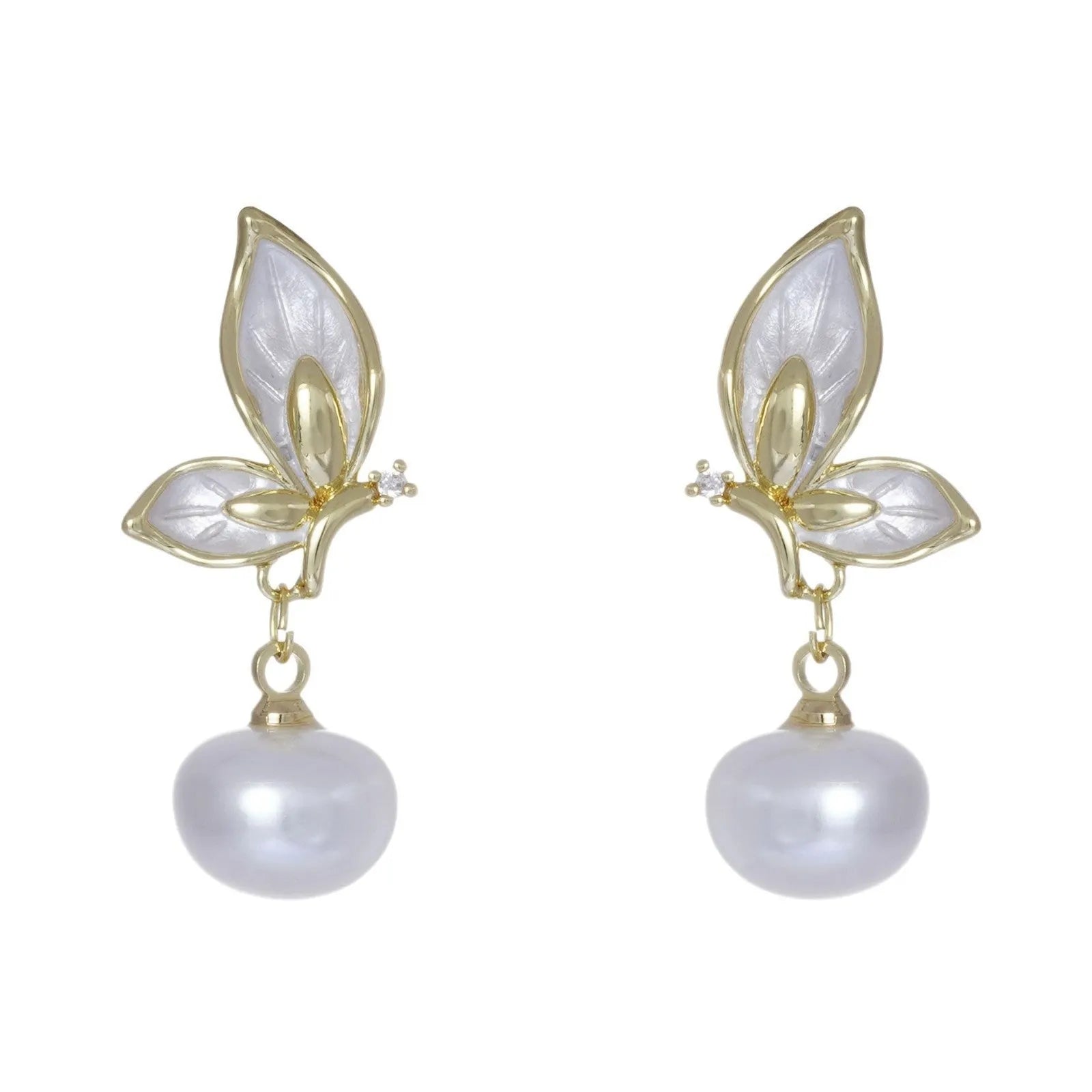 A pair of simple zircon butterfly stud earrings for women with copper electroplated finish.