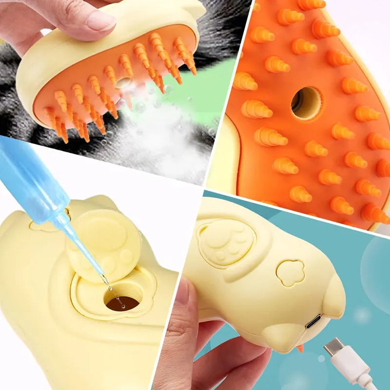 Cat and dog shaped steamy grooming brush with a medium-sized handle on a white background.