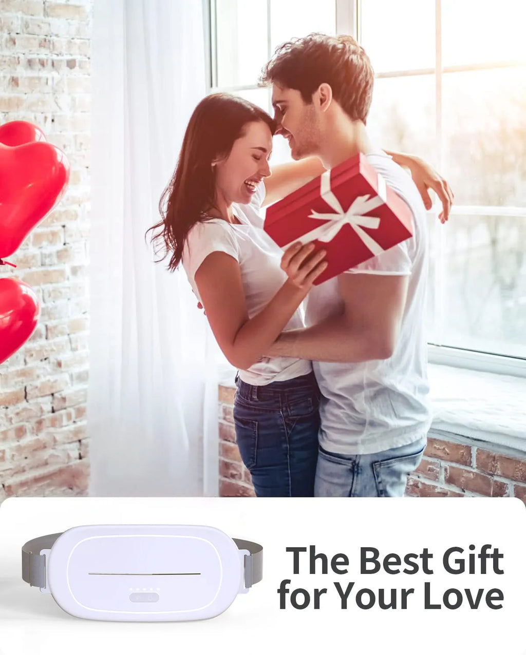 White uterine warming device with adjustable controller and fastening strap.