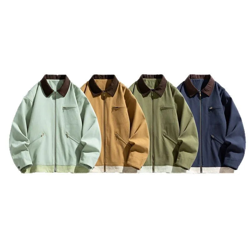 American retro workwear couple jacket with contrast lapels and side pockets in mint green colour