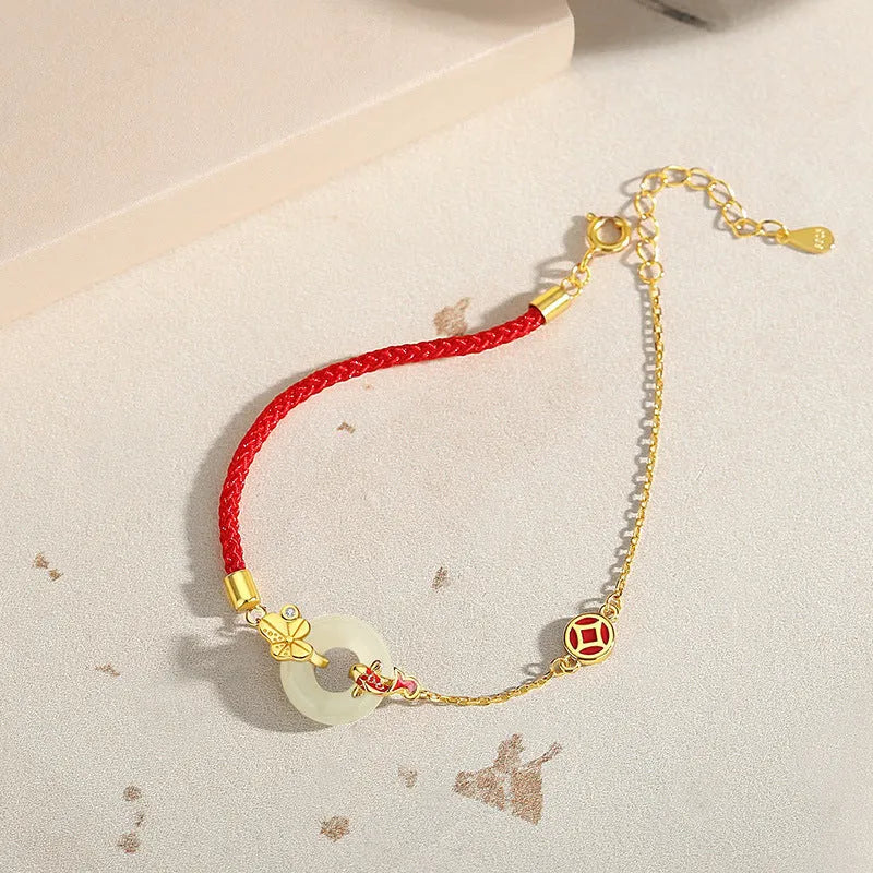 925 silver koi peace buckle bracelet with gold electroplating and red rope for women