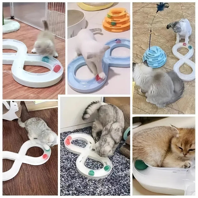 Blue and white cat interactive toy with turntable track ball and teasing stick on flat surface