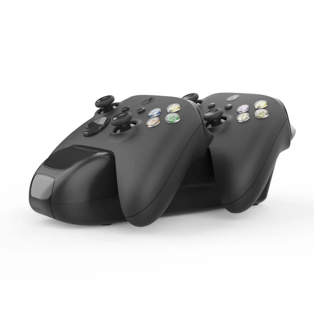 Black Xbox Series X dual controller charging station with indicator lights