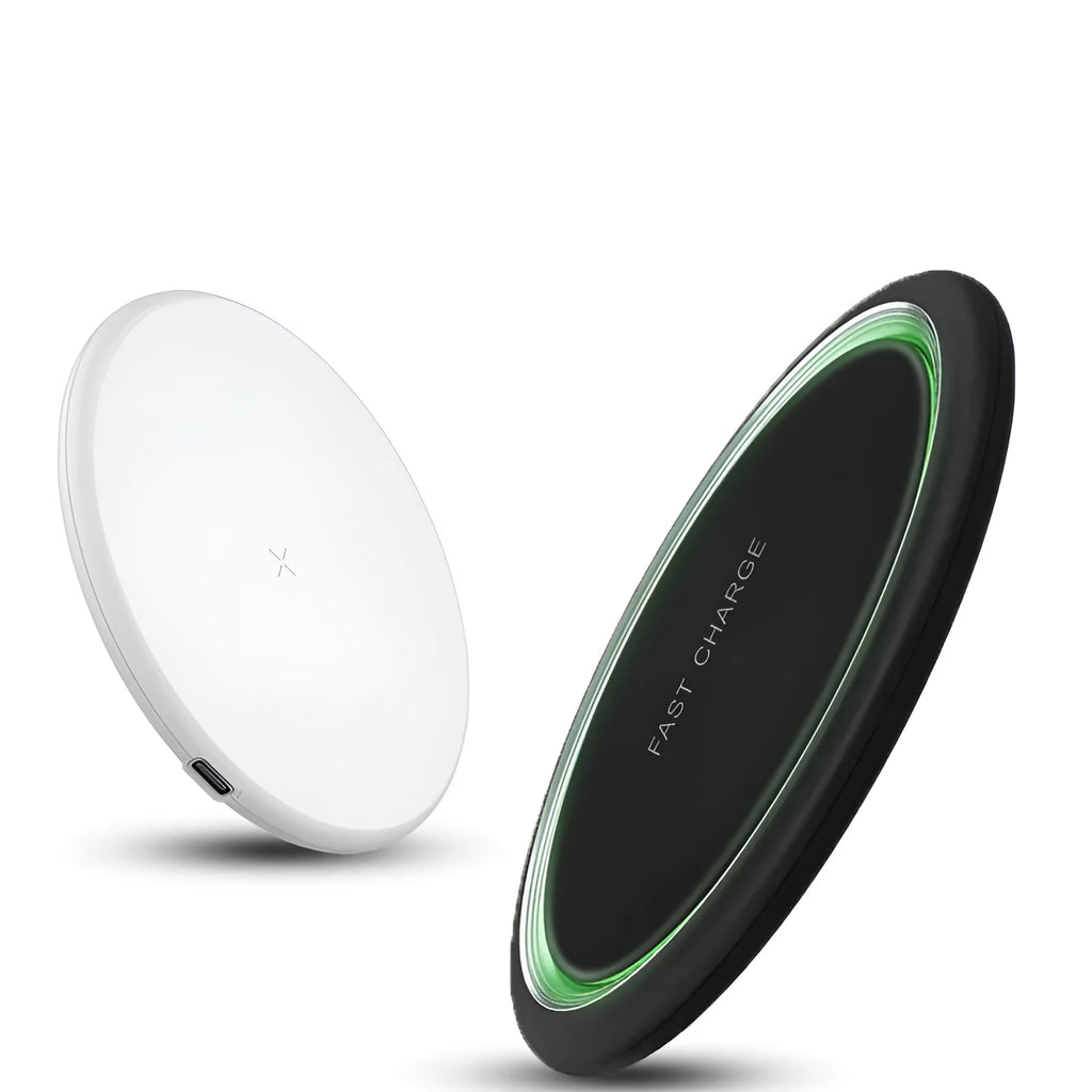 QI wireless charger in ABS plastic with 10W and 15W fast charging options Black and White colours