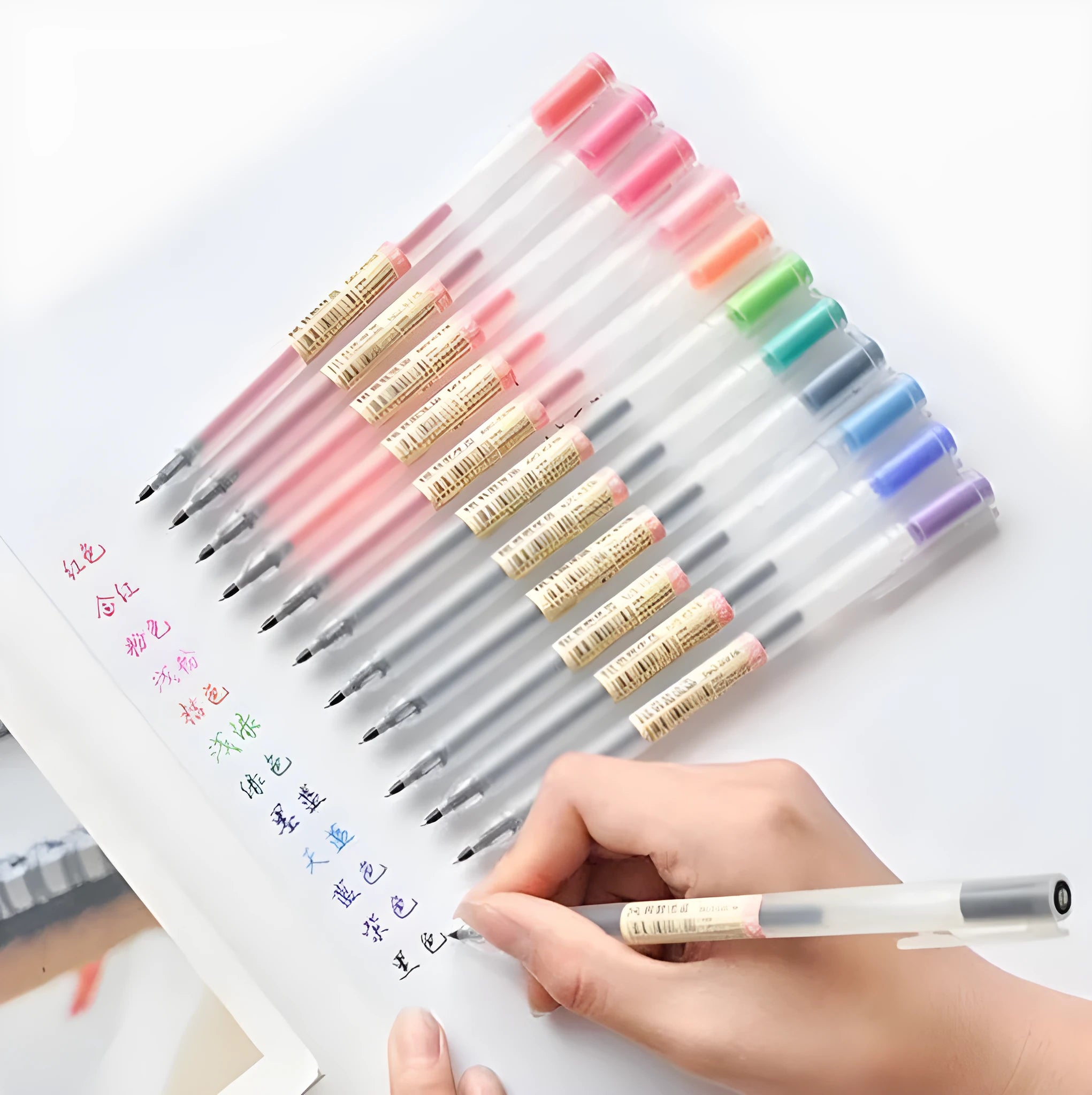 Muji 12-piece gel pen set with 0.5mm fine tips and ink prevention mechanism.