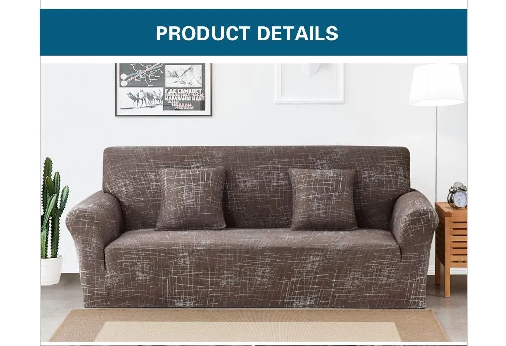 Stretch sofa cover in grey on a four-seater couch showing fitted corners and non-slip grip design