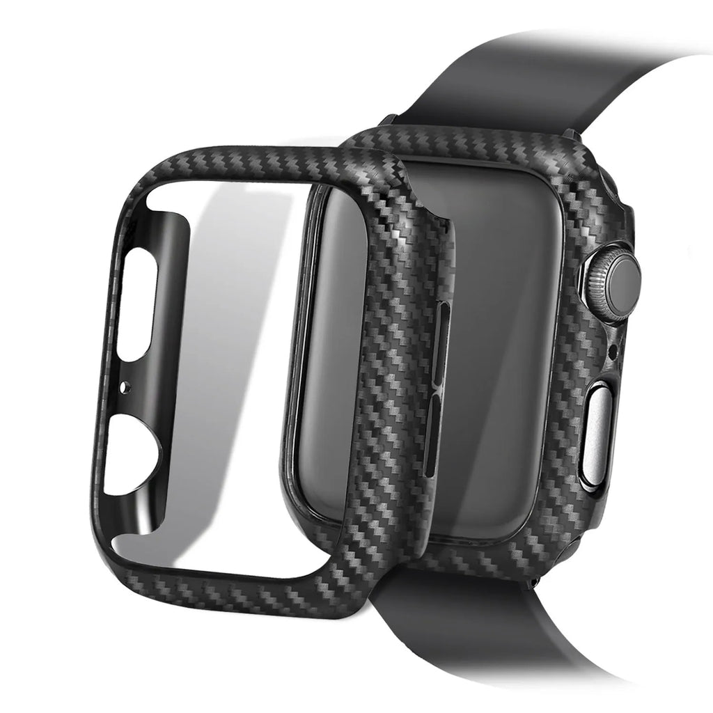 Carbon fibre and leather iPhone watch strap with PC hard shell case in red, black, orange, and blue thread options.