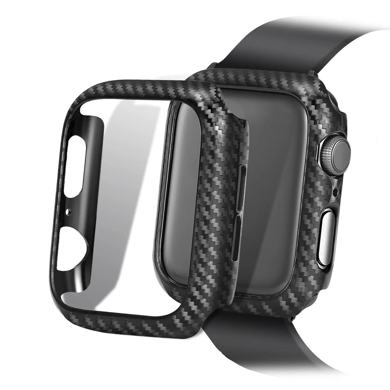 Carbon fibre and leather iPhone watch strap with PC hard shell case in red, black, orange, and blue thread options.