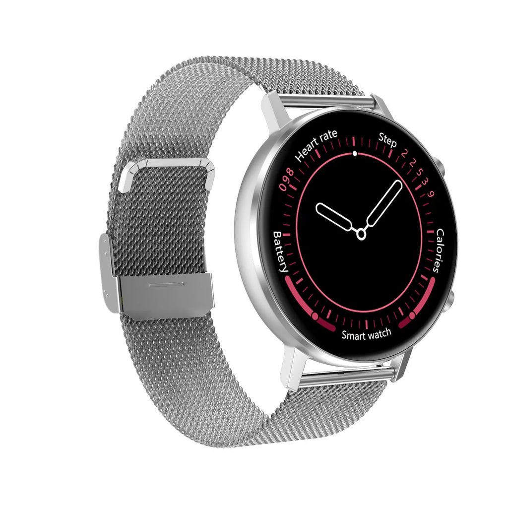 DT96 smart fitness tracker with steel strap on wrist displaying time on 1.3-inch screen