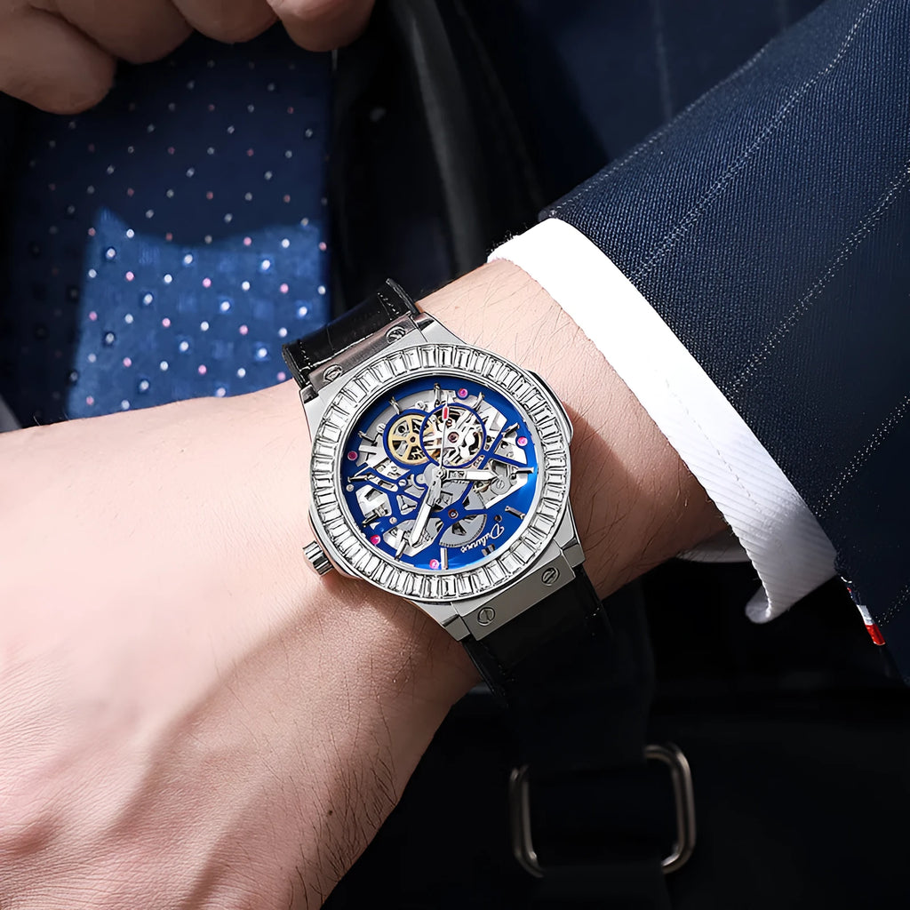 Automatic mechanical men's watch with diamond studded bezel showing hollow movement