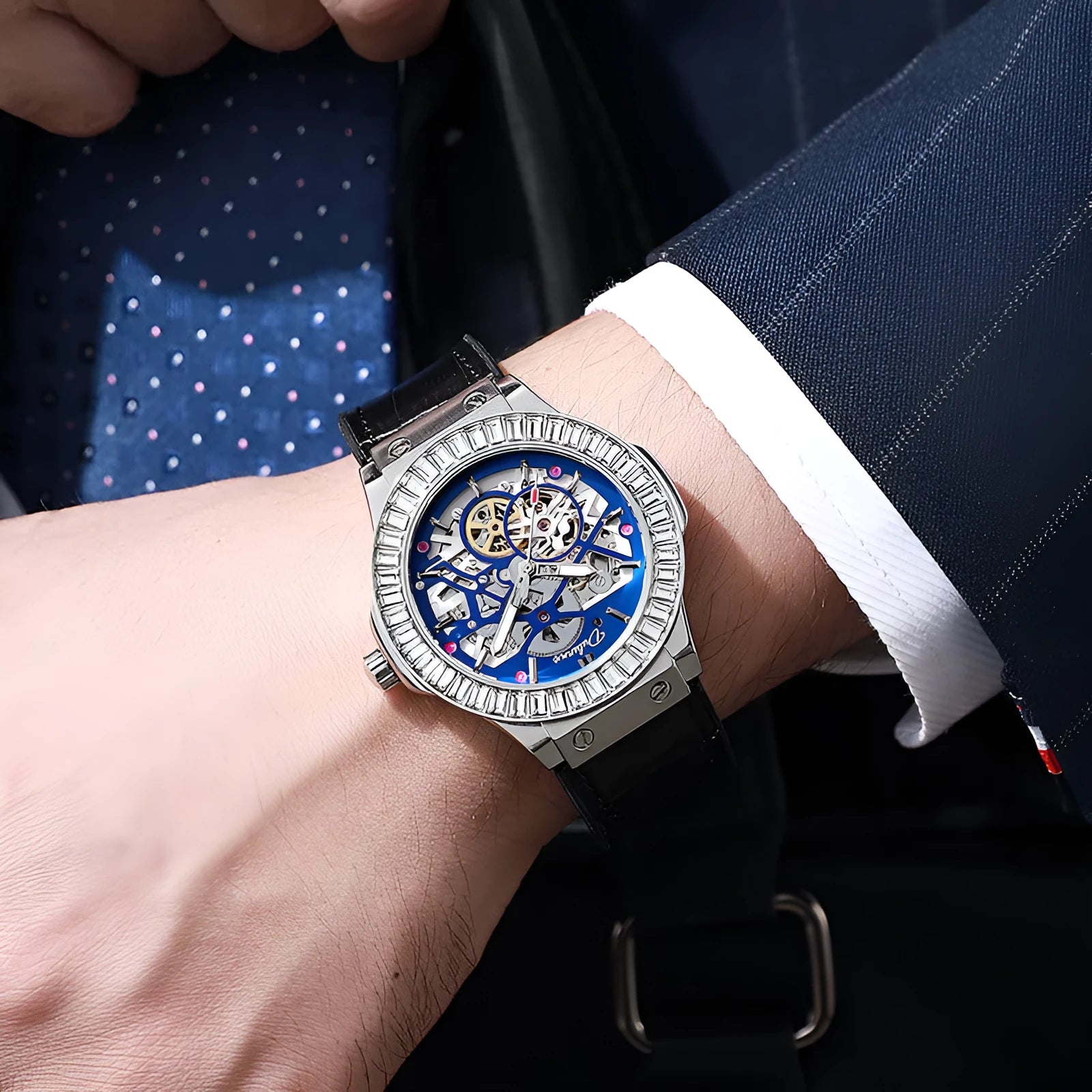 Automatic mechanical men's watch with diamond studded bezel showing hollow movement