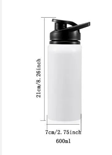 White aluminium sports water bottle shown in 600ml and 750ml sizes for cycling and outdoor use.