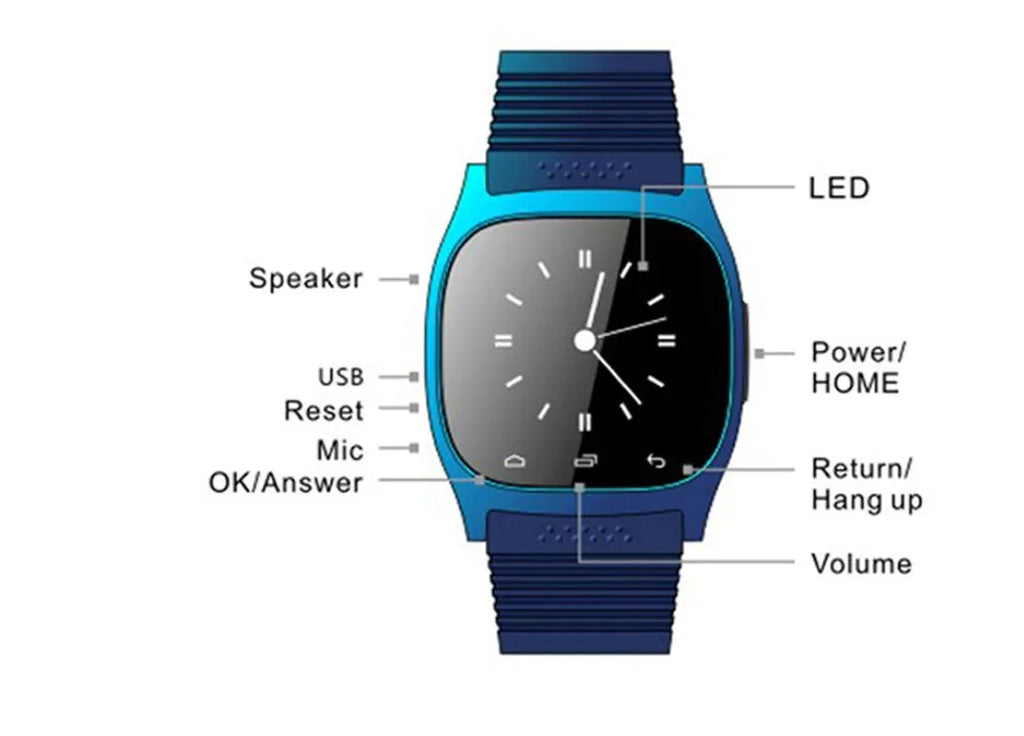 Bluetooth sports smartwatch in black, white, or blue with smartphone compatibility