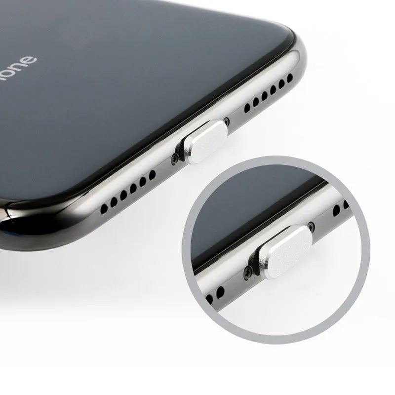 Aluminium alloy dust plug for iPhone charging port in various colours including gold, silver and rose gold.