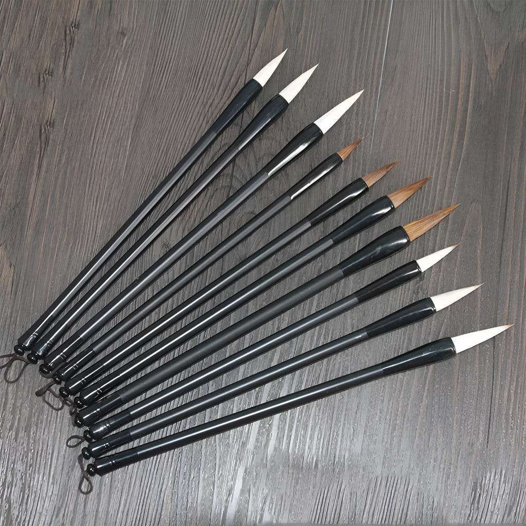Traditional Chinese student calligraphy brush with Jianhao nib and steel barrel, 23cm length