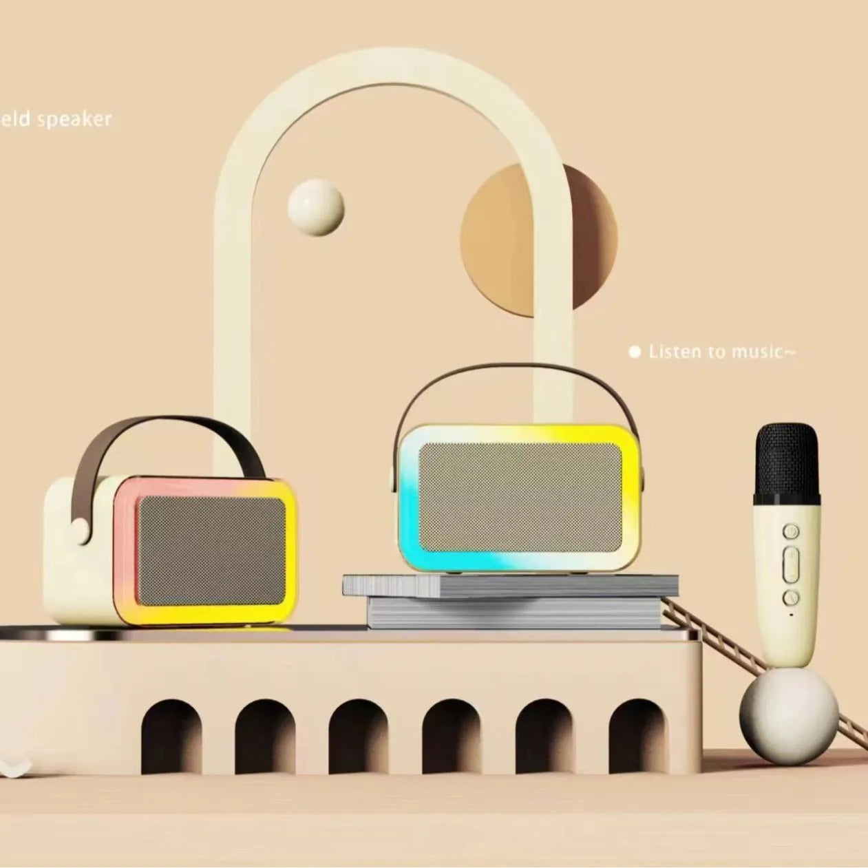 Portable Bluetooth microphone speaker with coloured LED lights in white, pink, or sky blue colour options