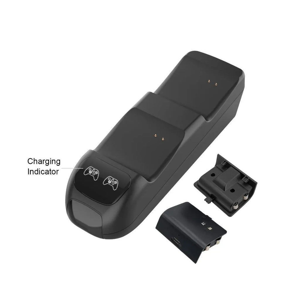 Black Xbox Series X dual controller charging station with indicator lights