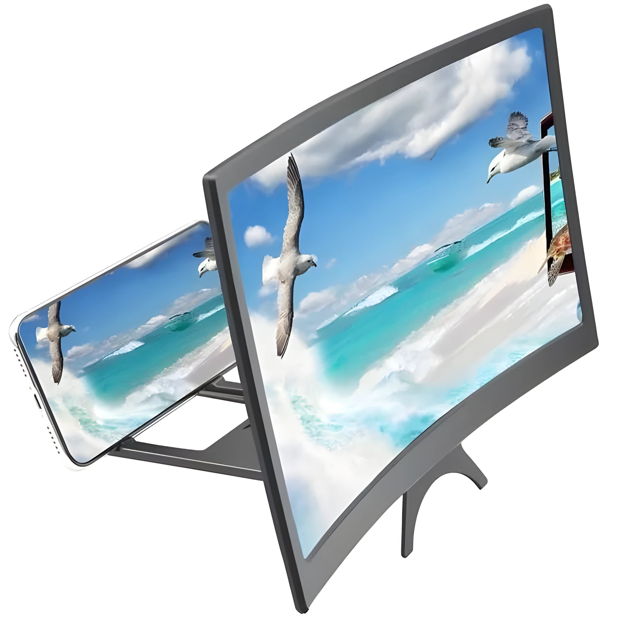 12 inch black ABS mobile screen magnifier with HD acrylic lens on a desk, showing a phone held in anti-slip slot