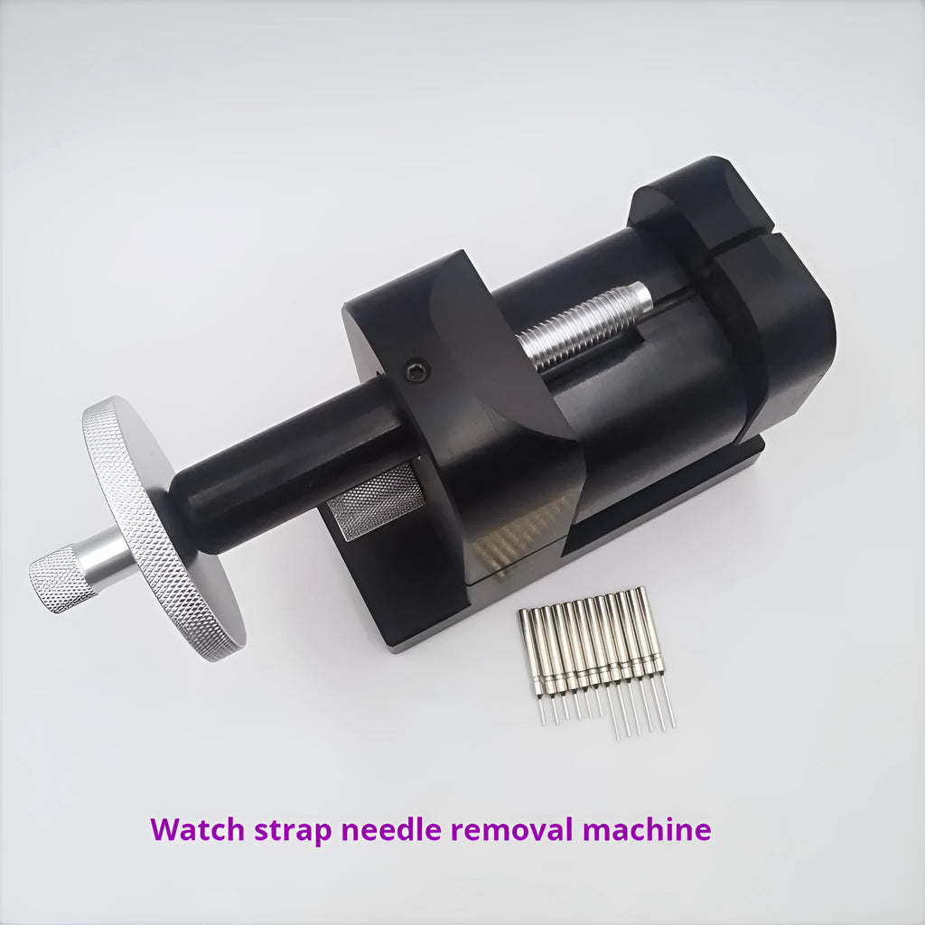 Alloy steel watch strap stripping machine tool for watch repair on a workbench.