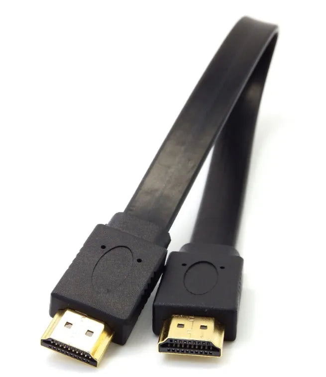 Flat white HDMI cable with connectors on a grey background.