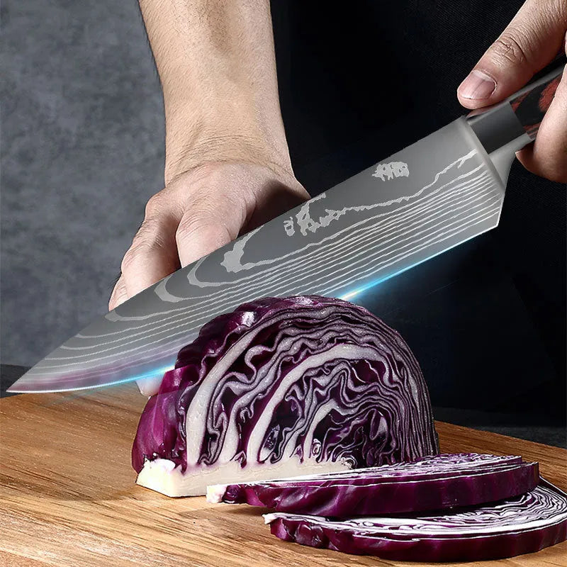Chef knife with Damascus steel blade, color steel handle, 30cm length for kitchen use