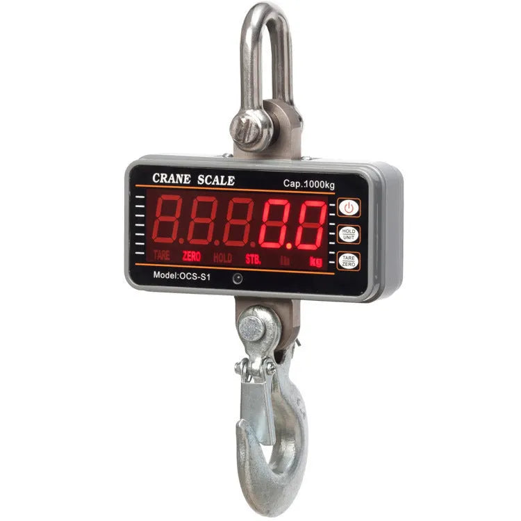 Orange electronic crane scale with digital display showing weight measurement