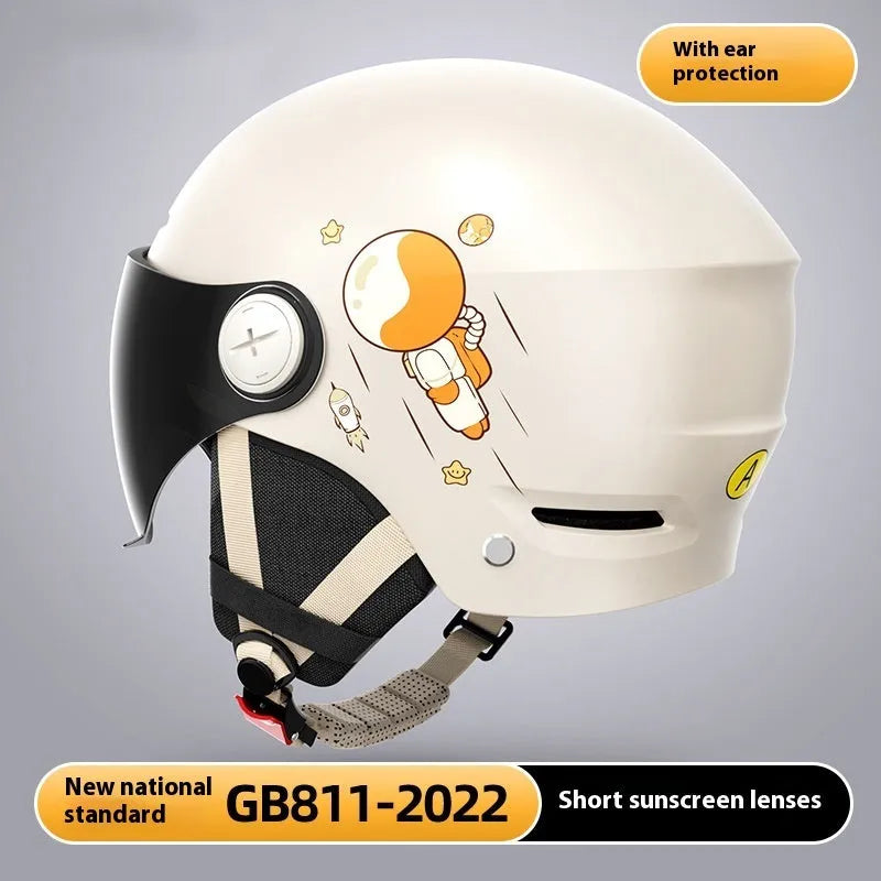 Khaki electric motorcycle half-helmet with ABS construction shown in free size for adult commuting