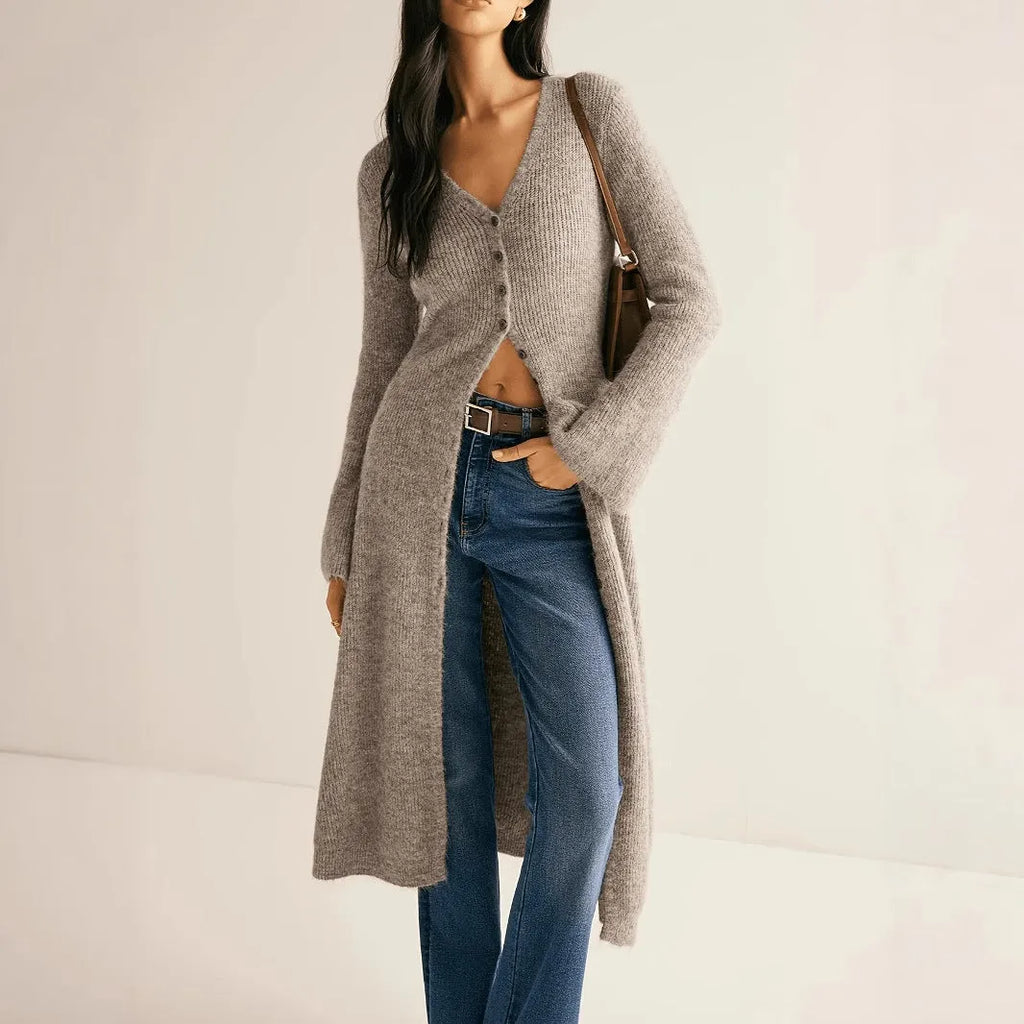 Khaki women's long sleeve cardigan coat with button-front closure in a retro French style.