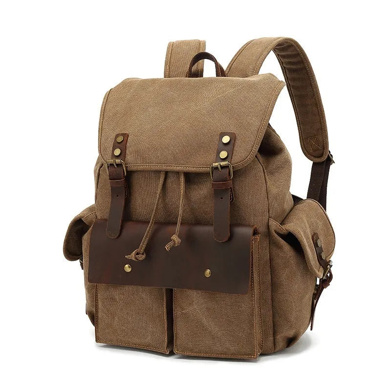 Retro canvas backpack in army green with antique bronze hardware and 16-inch laptop compartment