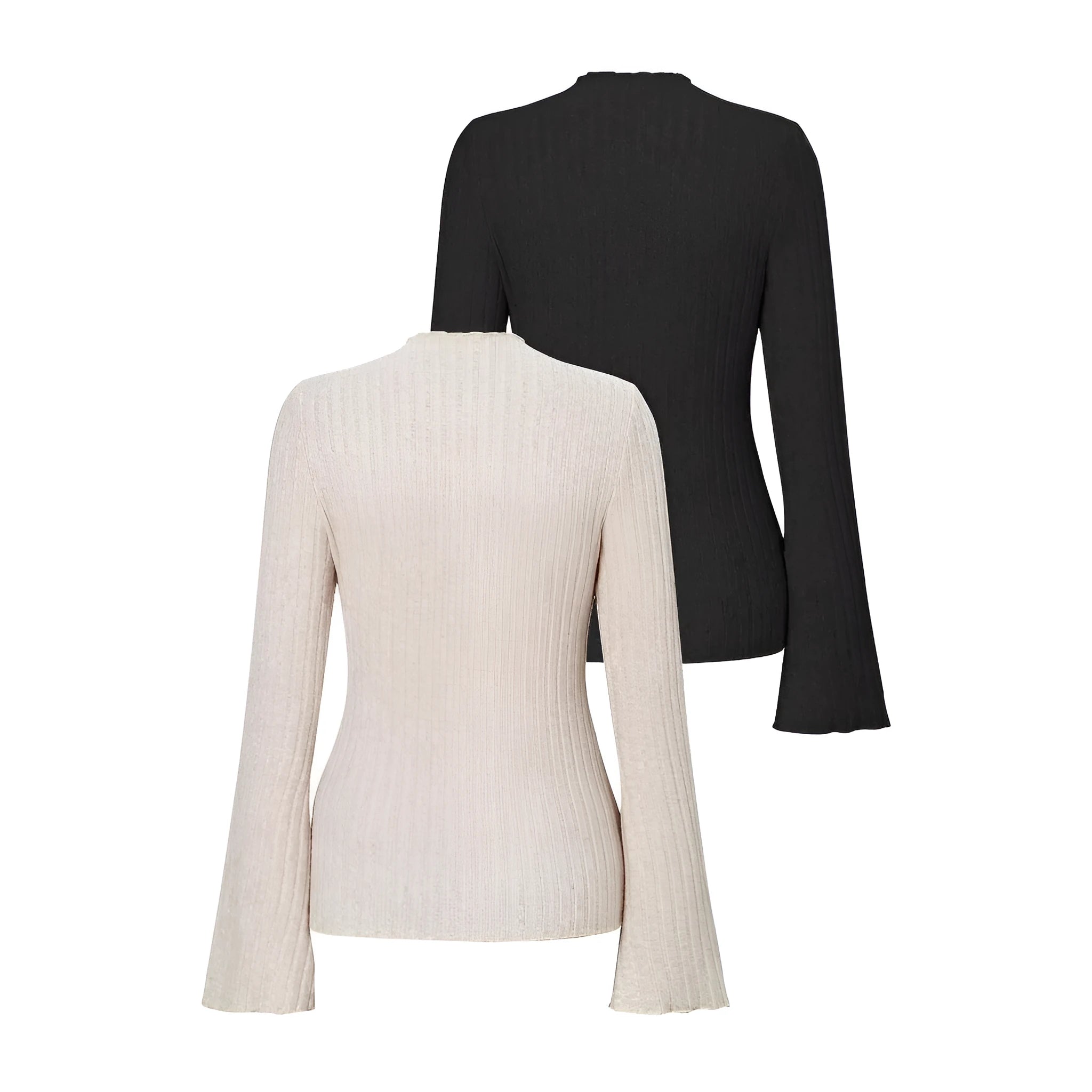 Black long sleeve round neck top with sunken stripe pattern and lantern sleeves