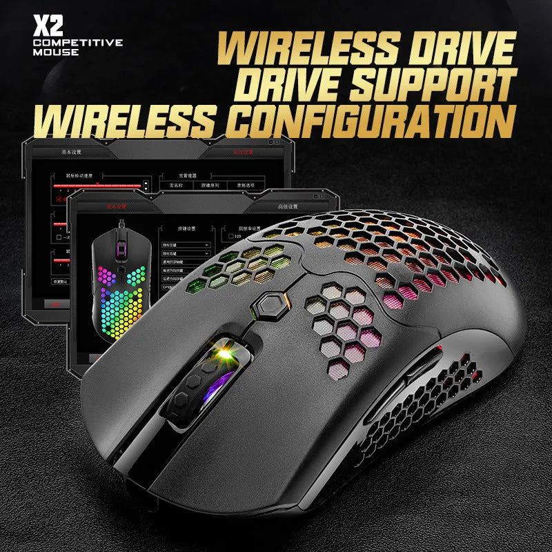 Free Wolf X2 wireless RGB gaming mouse with honeycomb shell in various colours on a desk.