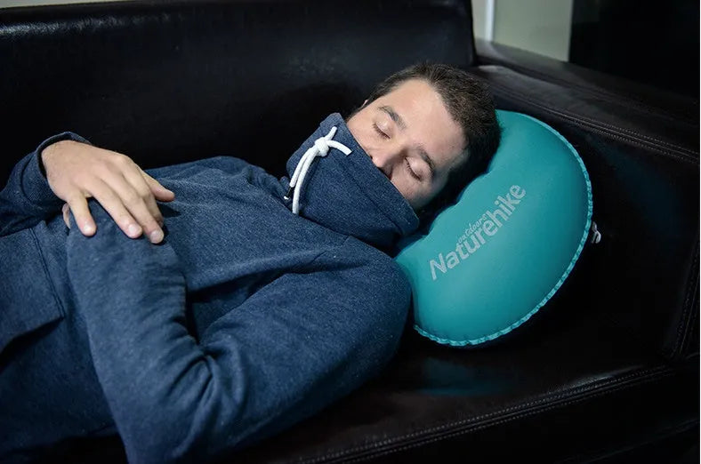 Fruit green inflatable travel pillow with peacock blue pillow case for camping