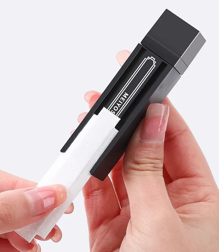 Black case containing 40 individually wrapped disposable screen cleaner wipes for mobile phones and tablets
