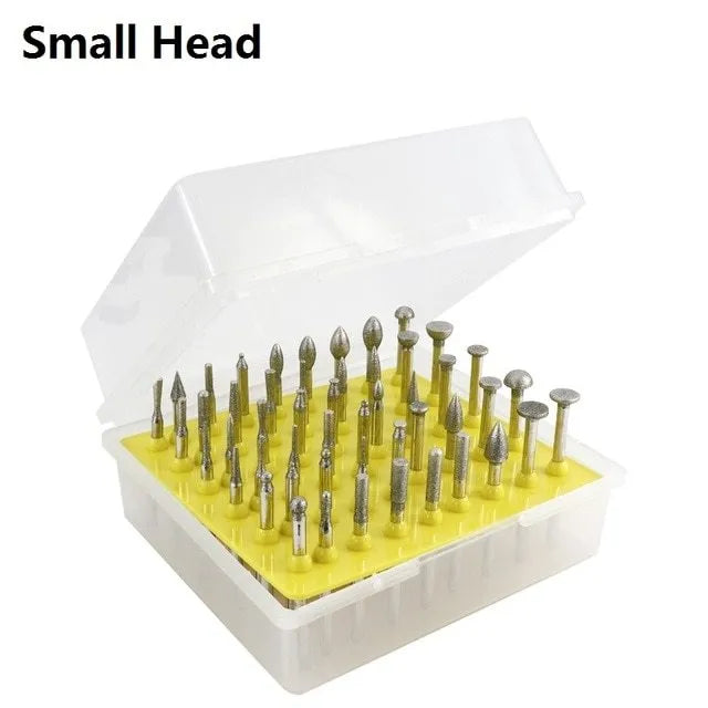 Set of elliptical cone diamond grinding heads for glass and stone carving with 3 mm shank