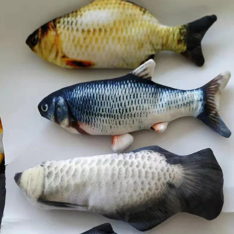 USB rechargeable electronic jumping fish cat toy in multicolour, 30cm long.