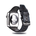 Carbon fibre and leather iPhone watch strap with PC hard shell case in red, black, orange, and blue thread options.