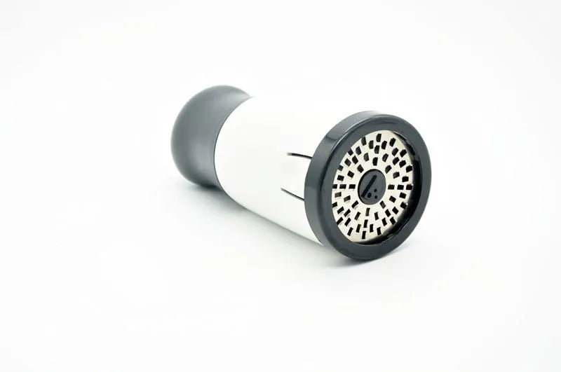 Stainless steel rotary cheese grater with black and white finish, height 17cm, diameter 7.3cm, with two blades