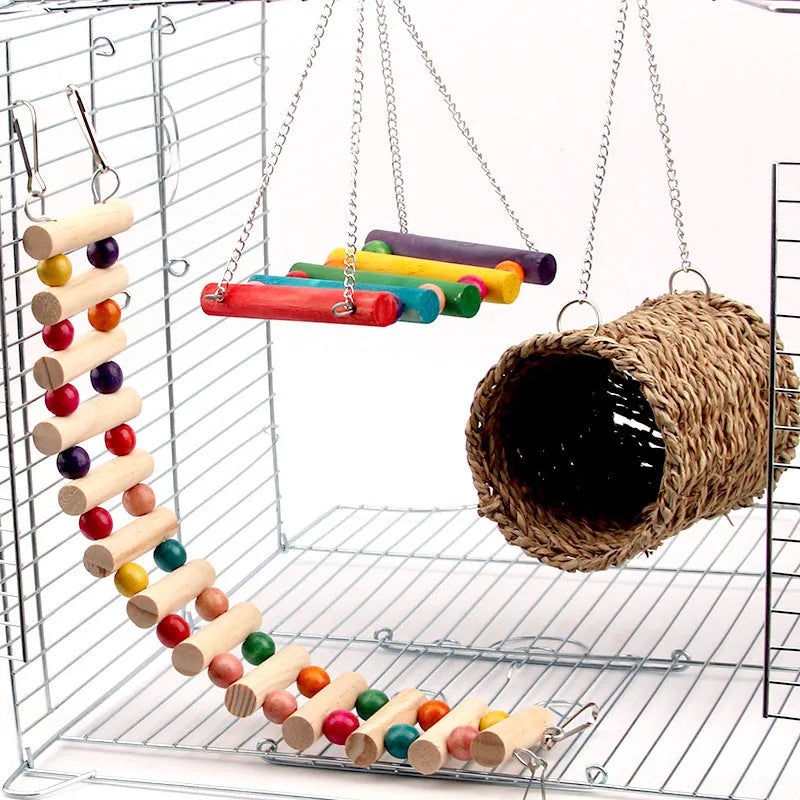 Wooden pet swing and climbing ladder with natural cotton grass bed and colourful beads for small animals
